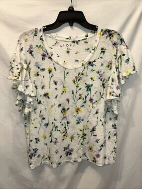 Loft Linen Womens Small Top Floral Print Flutter Ruffle Sleeve Feminine Cottage